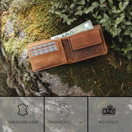 Baur Men's Genuine Buffalo Leather Wallet with RFID Protection Horizontal Format Wallet with Coin Compartment Wallet with Many Card Slots, brown, Large landscape format