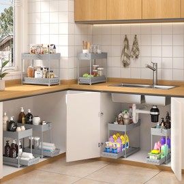 Sevenblue 3 Pack Under Sink Organizers, 2-Tier Multi-Use Kitchen and Bathroom Organizers and Storage with Sliding Drawers，Bathroom Cabinet Organizer (Gray, 12.8 Inch)