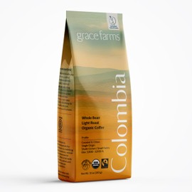 Grace Farms, Organic Whole Bean Coffee, Single Origin Colombia Light Roast, 12oz Bag, 1 Count | Notes of Caramel & Citrus | Gives Back 100% of Profits