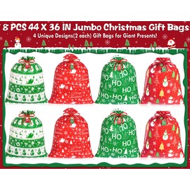 Extra Large Christmas Gift Bags - 8 PCS Jumbo Gift Bags 36” x 44” Oversized Giant Xmas Bags with Tags & Ties Holiday Gift Bags Christmas Decoration Huge Santa Wrapping Bag for Big Gifts, Goodie, Party