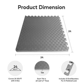 HealSmart 1 Inch Puzzle Exercise Mat, High-Density EVA Foam Floor Tiles for Home Gym, Workout Equipment, Protective Floor Padding & Kids' Play Areas, Grey, 24 Sq Ft - 6 Tiles