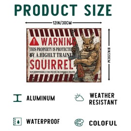 WIZYXQ Funny Squirrel Metal Signs Warning This Property Is Protected By A Highly Train Vintage Tin Sign Retro Wall Decor for Home Front Door Gate Backyard 8×12 Inches