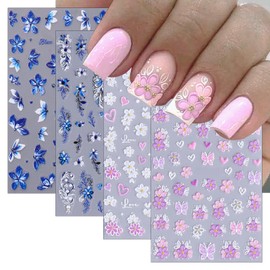 4 Sheets Blue Flower Nail Art Stickers Colored Flower Love Butterfly Nail Stickers 5D Embossed Floral Nail Decals Lily of The Valley Petal Vine Nail Art Supplies for Women Girl DIY Nail Decorations