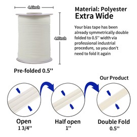 Cinta de bies, cinta de doble pliegue de 1/2 pulgada para costura, acolchado, encuadernación, dobladillo, manualidades de ropa, poliéster, no elástica (marfil, 13 mm, 55 yardas)