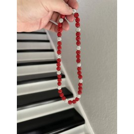 Power Energy Sports Rhinestone Crystal Bling Disco Ball Bead Beaded Reds Baseball Necklace  - 22" inches