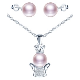 Yumilok Women's Necklace with Pendant Women's Earrings Pearl Stud Earrings Guardian Angel Jewellery Set for Women Girls Hypoallergenic 925 Silver, Sterling Silver Pearl Sterling Silver Pearl Zirconia,