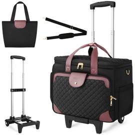 Arcoyard Rolling Teacher Bag with File Teacher Tote and Detachable Trolley, Large Rolling Bag for Work with 17.3 Inch Laptop Compartment, Work Bags for Women, Teaching, Nurse, Craft, Black Purple