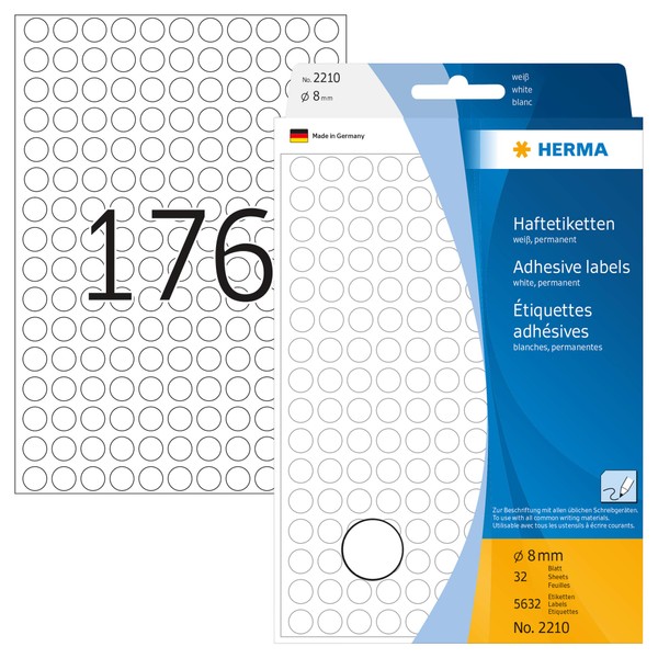 HERMA 2210 Multi-Purpose Labels/Colour dots Ø 8 mm Round White Paper matt Hand Inscription 5632 pcs.