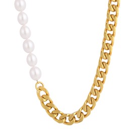 KRKC&CO Pearl Necklaces, Hip Hop Necklace, Stainless Steel Pearl Curb Chain with Cross Pendant, 8 mm Freshwater Pearls, Real Pearl Necklace, White Gold Plated Cuban Link Chain, Silver Chain, Men and