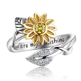 BAOWING Sunflower Adjustable Ring You are My Sunshine Stainless Steel Rings Classic Cute Bands Jewelry Gifts for Women Size 9