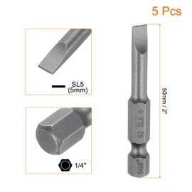 Sourcing Map 5pcs SL5 Magnetic Flat Head Screwdriver Bits, 5mm x 50mm, S2 Steel, Slotted, #2 Screws, 1/4" Hex Shank, Industrial Grade