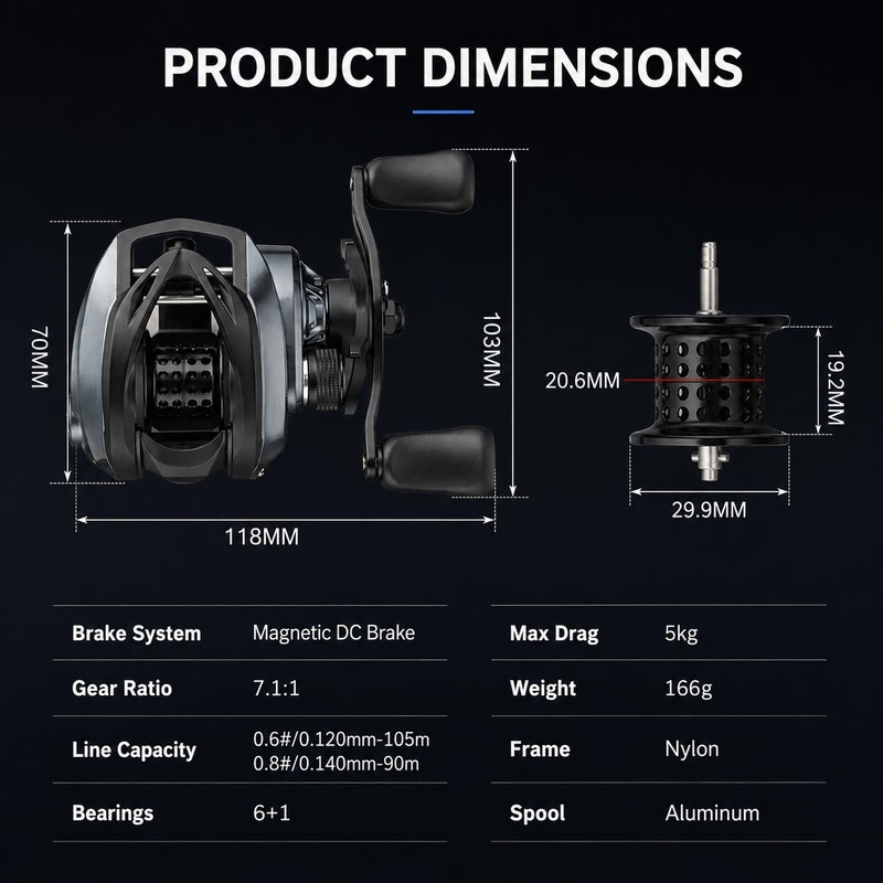 DC Baitcasting Reel, 7. 1:1 Gear Ratio, Digital Control Anti-Backlash,