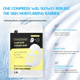 Pack of 4 Organic Snail Mucin Glass Glow Hydrogel Face Masks Skincare, Collagen Face Mask, Collagen & Snail Essence Face Mask, Radiant Skin, Moisturising and Soothing, Firming