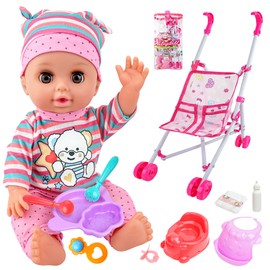 Baby Doll with Stroller Gift Set, 14'' Realistic Doll with Baby Doll Accessories Playset - Includes Foldable Doll Stroller, Feeding Set, Baby Doll Clothes, Toddler Pretend Play Toys for 1-3