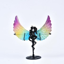 JIC Gem Large Titanium Coated Selenite Crystal Angel Aura Wing White Healing Crystal Rocks Stone Engraved Wing with Display Stand Druzy Reiki Chakra Home Decor 12cm