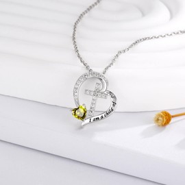 MANBU Sterling Silver Cross Necklace for Girls: Heart Birthstone I am a Child of God Pendant Religious Jewelry Baptism First Communion Confirmation Gifts for Teens (08-August)