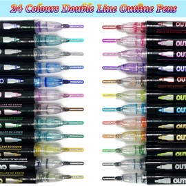 LYINUR Glitter Pens Outline Pens, 24 Colours Double Line Outline Metallic Marker Pens for Kids Girls Teenages, Colouring Pens DIY Painting Doodle Pen Christmas Stocking Fillers Eve Box Fillers Gift