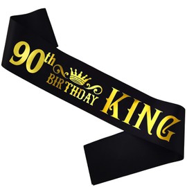 HUBEISIYU 90th Birthday King Sash, Bday Gifts idea for Men, Funny Birthday Sash for 90th Birthday Party Supplies, Black + Gold