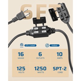 DEWENWILS 2 Prong Extension Cord 6 Ft, 3FT + 3FT Indoor Extension Cord, 2 Groups 3 Polarized Outlets with Safety Cap Protect for Home Office, Black, 16/2 SPT-2 ETL Listed, 1 Pack