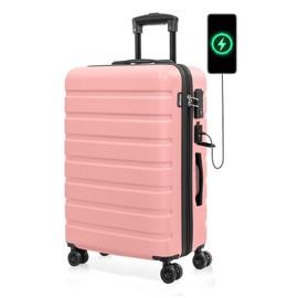 AnyZip Suitcase Hardside PC ABS Lightweight USB Luggage with Wheels TSA Lock Checked-Medium 24 Inch Pink