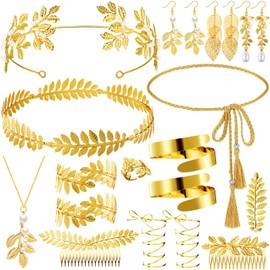 JenPen 15 Pcs Greek Goddess Costume Accessories Set Golden Leaf Crown Upper Arm Cuff Coil Bracelet Hair Headpiece Artificial Leaf Drop Earrings Necklace Toga Waist Belt for Women (Classic)