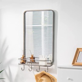 Tangkula 33" x 19" Rectangle Vintage Mirror, Wall Mirror w/Shelf & 4 Hooks, Metal Frame & Round Corner, Farmhouse Wall Mirror for Bathroom, Living Room, Entryway (Black &Coppery Speckles)