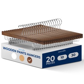 SereneLife 20 Pack Wooden Pants Hangers with Clips – Retro Brown 14"x0.5"x6.7", Heavy Duty Wood Skirt Hangers with 360° Swivel Hook & Adjustable Non-Slip Clips for Jeans Slacks Shorts