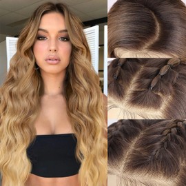 SUKRI 13X4 Ombre Brown Lace Front Wig with Highlight Synthetic Lace Front Wigs with Brown Roots 26 Inch Long Wavy Hair with Baby Hair Pre Pluck Ombre Wigs for Women Natural Daily Use