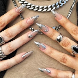 24Pcs 3D French Tips Press on Nails for Manicure Art with Curve Line Design, Glossy Silver Acrylic False Nails Gel Glue on Nails 3D Medium Almond Full Cover Fake Nails Stick on Nails for Women Girls