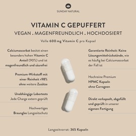 SUNDAY NATURAL: Vitamin C High Dose - 365 Capsules - 1,200 mg Vitamin C Buffered per Daily Dose - Acid-free Calcium Ascorbate - Gentle on the Stomach - Laboratory Tested, Vegan, No Other Additives