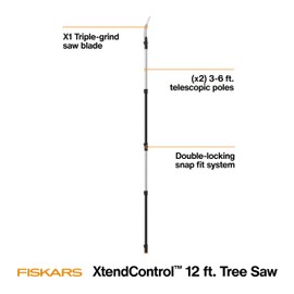 Fiskars XtendControl Extendable Tree Pruner (12 ft), Adjustable Branch Trimmer with 15" X1 Saw, 3-6 ft Extension Poles, and Secure Locking System for Precision Cutting