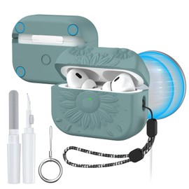 TUDIOW for AirPods Pro 2nd/1st Generation Case, Magnetic Lid Compatible with MagSafe, Flower Engraved Airpods Pro 2&1 Gen Soft Silicone Protective Cover with Cleaner Kit&Keychain&Lanyard(Pine Green)