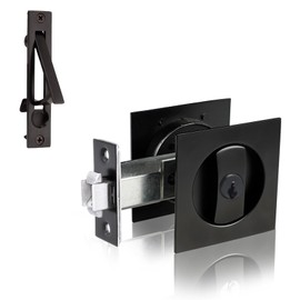 Dontay Pocket Door Lock with Key, Contemporary Entrance Sliding Barn Door Lock Latch, Recessed 2 Sided, 2 3/8" Backset, Flush Handles Hardware (Including Edge Pull, Matte Black, Square - 1 Pack)
