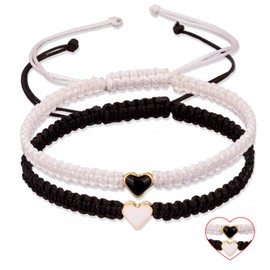 2PCS Colorful Couples Matching Heart Bracelet for Mother Daughter Couples and Friendships Braided String Adjustable Bracelets for Bf Gifts Bracelets for Mother Daughter Women Men Girls(Black & White)