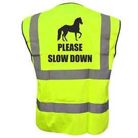 Equestrian PLEASE SLOW DOWN Hi Viz Vis Vest Horse Riding Reflective Waistcoat Jacket Road Safety Visibility Yellow Small