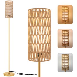 Ruiever Floor Lamp for Living Room,Farmhouse Rattan Floor lamp,Modern Standing lamp with 3 Color LED Bulb,Gold Tall Lamp with Foot Switch