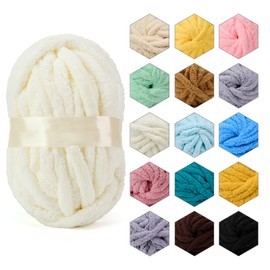 ERLYEEN Chenille Chunky Yarn Super Bulky Soft Thick Fluffy Jumbo Giant Washable Polyester Big Yarn DIY for Arm Knit Blanket Cushion Bed Sofa Home Decor,Milk White,0.55LB