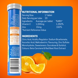 Effervescent Vitamin C 1000mg with Zinc 15mg, 20 Orange Flavoured Tablets, High Strength, Immune Support, Essential for Collagen Formation, Vegan, Made by Northumbria Health