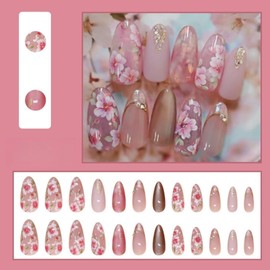 Pink False Nails Medium Almond Cateye Press on Nails with Flowers Glitter Designs Glossy Gel Full Cover Bling Glue on Nails for Women Girls Daily Wear 24 Pcs