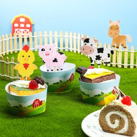 48 Pieces Farm Animal Theme Cupcake Topper and Wrappers Rustic Farmhouse Cupcake Picks Cup Wrapper for Farm Theme Party Birthday Party Decoration Baby Shower Supplies