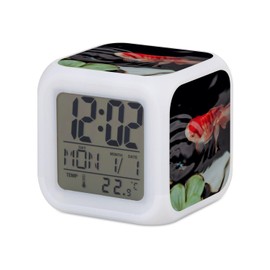 Fabulous Alarm Clock Cube Illuminated White - Red Fish on the Water Surface Nature - 7.8 x 7.8 x 7.8 cm - Retro Lighting Multicoloured LED