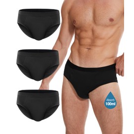 YESWEL Incontinence Underwear for Men, Washable Leak-Proof Reusable Heavy Flow, Cotton Briefs, 3 Pack (Black, XX-Large)