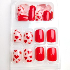Red Love Heart Press on Nails Short Square Valentines Day Fake Nails with Glue Red Love Heart Design False Nails Valentine Love Heart Glue on Nails Love Artificial Stick on Nails for Women Girls 24Pcs