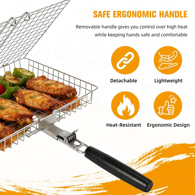 Grill Basket for Outdoor with Removable Handle,Stainless Steel BBQ Camping