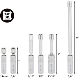 6PCS 3/8" Drive Magnetic Swivel Spark Plug Socket Set, 12 Point, CR-V, Extension Sockets, Includes 9/16-inch, 5/8-inch, 13/16-inch, 14mm Sockets