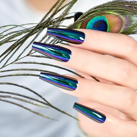 Blue Chrome Press On Nails Metallic Mirror Coffin Aurora Fake Nails Extra Long Ladies Nail Art Designs For Fingertips