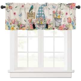 YOKOU Curtain Valance, Hello Spring Gnome Colorful Flower Tulip Vintage Watercolor Floral Bird Short Rod Pocket Window Treatment for Living Room, Bedroom, Kitchen, Bathroom, 1 Panel, 42" X 18"