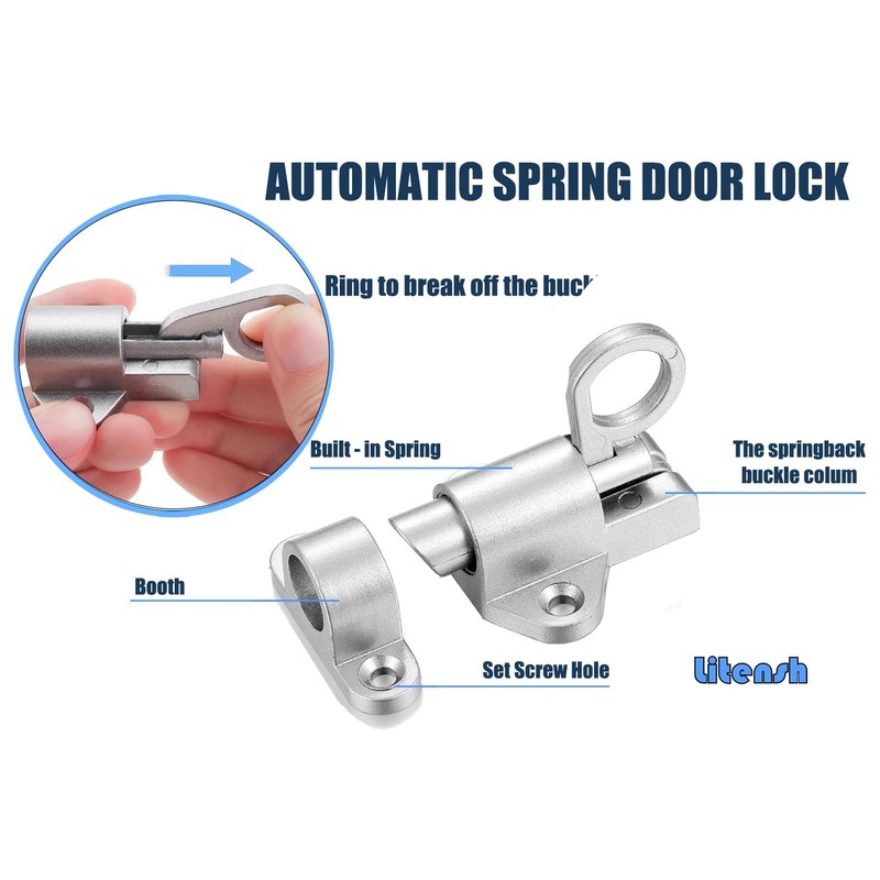 Litensh Self-Closing Latch, Spring Door Lock Latch，Resilient Bolt Latch, Spring