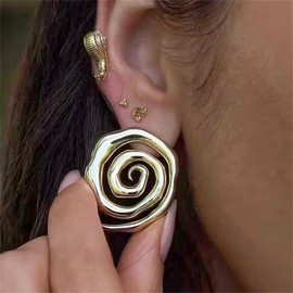 Gold Plated Spiral Stud Earrings for Women Retro Simple Irregular Hollow Out Swirl Round Circle Snail Shell Shape Water Wave Lightweight Thick Dangle Drop Earrings for Minimalist Fashion Jewelry Gifts (Gold)