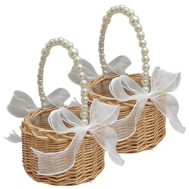 Cesta de canasta de niña de flores de 2 canasta de flores de ratán con mango de perlas y cestas de niña de flores decorativas de arco para bodas ceremonia, estilo1, cestas de niña de flores para boda